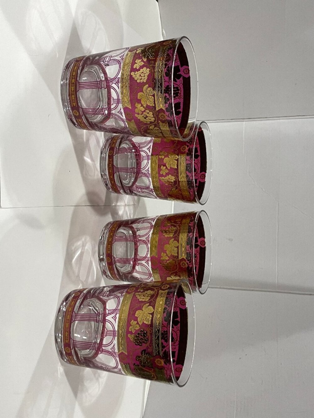 Vtg MCM Cera Burgundy Grapes 22K Gold Leaf Double Old Fashioned Glasses Barware
